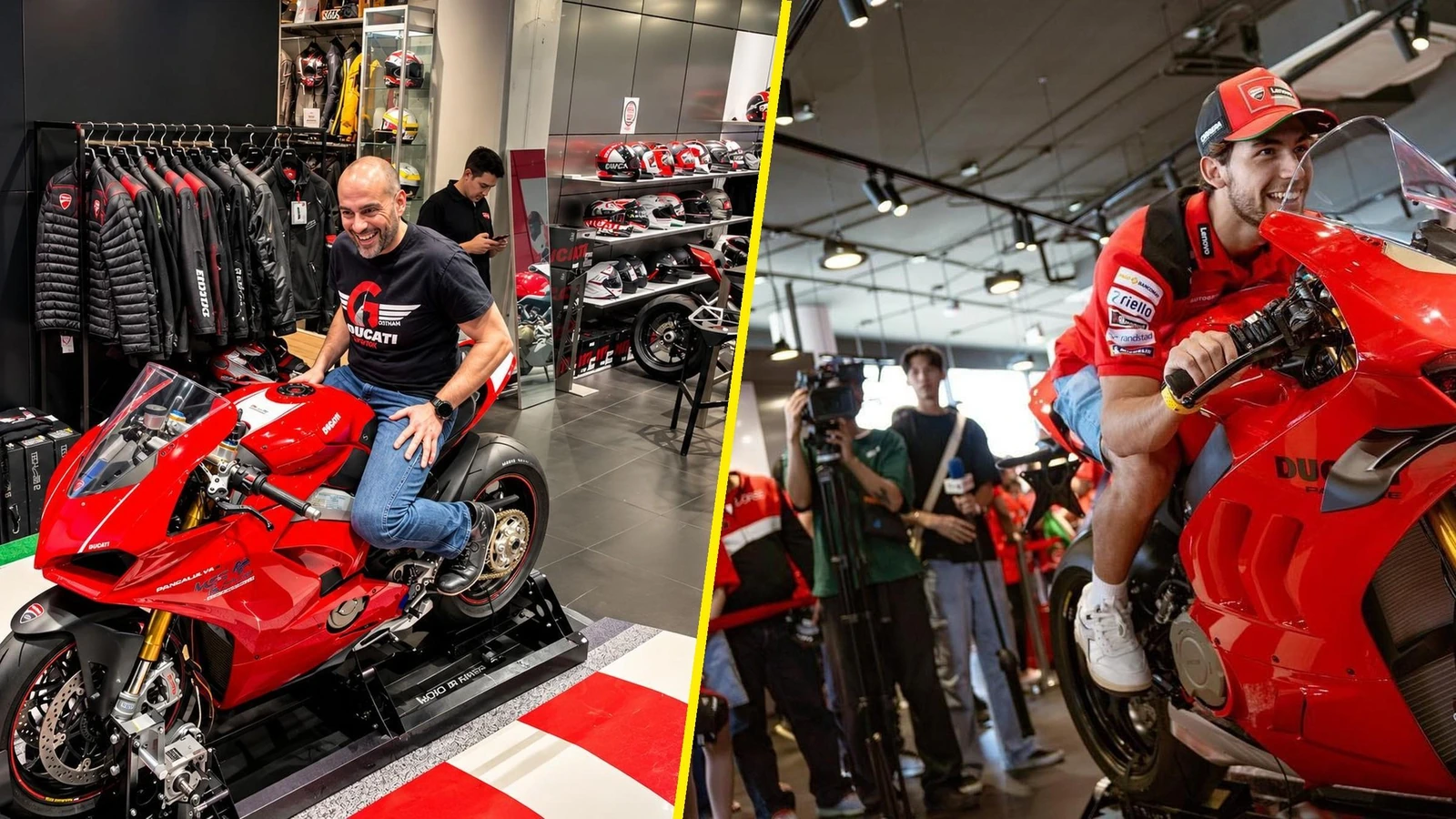 Dva jezdci zkoušejí Moto Trainer na skutečném sportovním motocyklu